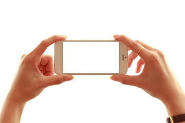 Hands holding smartphones isolated on white background
