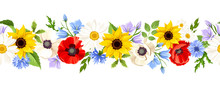 Vector Horizontal Seamless Background With Colorful Wild Flowers On A White Background.
