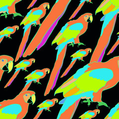 seamless pattern Red the Caribbean parrot sits on a black backgr