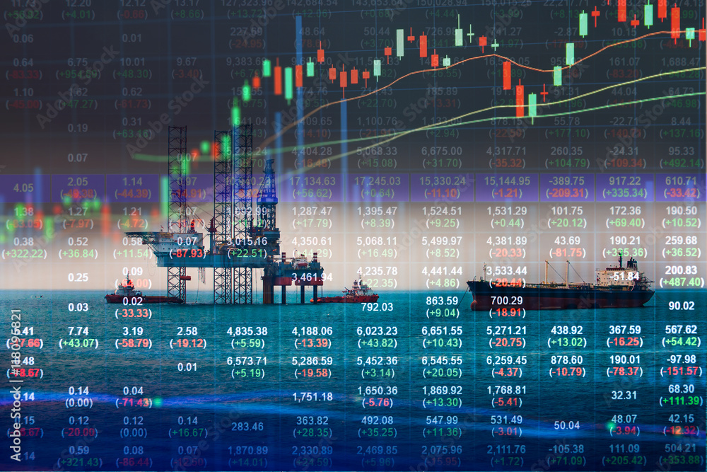 Stock market concept with oil rig in the gulf background,Double ...