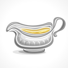 Vector Abstract Logo Ceramic Gravy Boat With Handle, Filled Homemade Yellow Sauce Close-up, Isolated On White Background