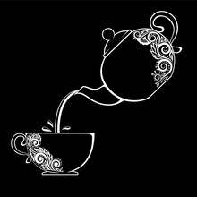 Beautiful Black And White Contour Of The Cup And Teapot With Floral Element Isolated.