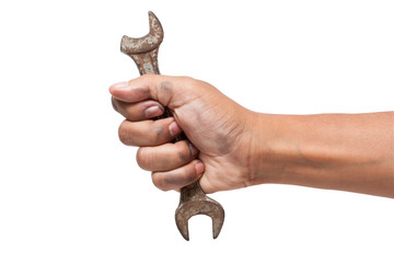 Wall Mural - Hand holding a fracture spanner isolated on a white background with using path 