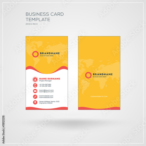 Vertical Business Card Print Template Personal Visiting Card With Company Logo Yellow And Red Colors Clean Flat Design Vector Illustration Buy This Stock Vector And Explore Similar Vectors At Adobe Stock