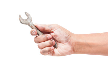 Wall Mural - hand holding a spanner isolated on a white background with using path