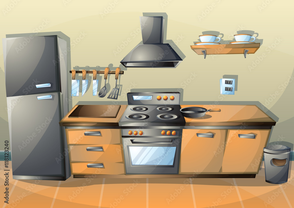 cartoon vector illustration interior kitchen with separated layers ...