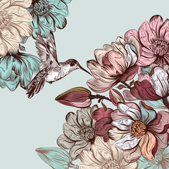 Poster - Vector background with magnolia flowers and bird in engraved sty