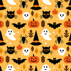 Halloween seamless pattern design with ghost, skull, pumpkin and