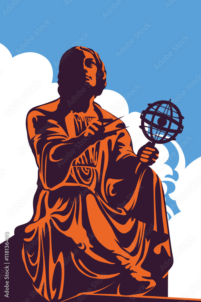 Monument, memorial of astronomer Nicolaus Copernicus, Warsaw, Poland, vector illustration - obrazy, fototapety, plakaty 