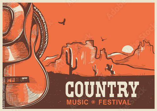  Plakaty Gatunki Muzyczne   plakat-amerykanskiej-muzyki-country-z-kowbojskim-kapeluszem-i-gitara