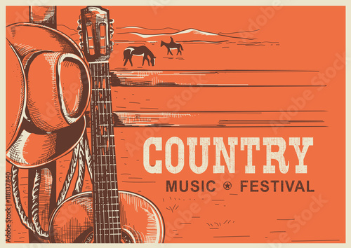 Dekoracja na wymiar  plakat-amerykanskiej-muzyki-country-z-kowbojskim-kapeluszem-i-gitara