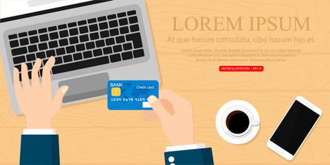 Wall Mural - Hands holding credit card and using laptop. Online shopping. Vector illustration.