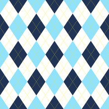 Seamless Argyle Pattern In Dark Blue, Light Blue & White With Yellow Stitch. 