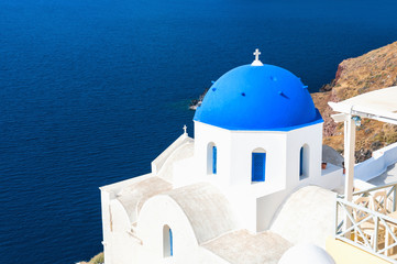 Church with blue domes in Santorini island, Greece