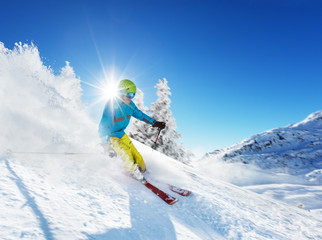 Poster - Skier on piste running downhill