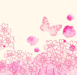 Poster - Flowers and pink watercolor blots