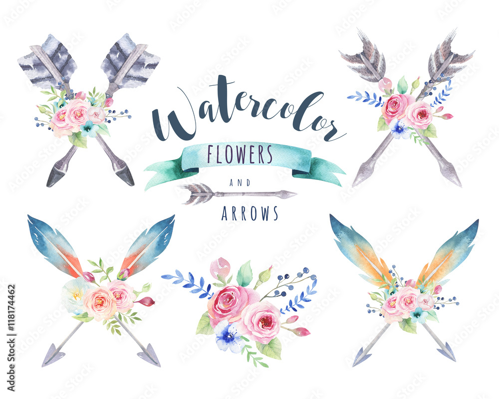 Watercolor ethnic set of arrows and flowers in native American s Stock ...
