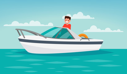 Boat trip. Recreation. The man controls the boat. Vector illustr