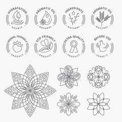 Wall Mural - set of stickers and elements for natural products, beauty and cosmetics. thin line vector illustrati