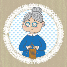 Funny Illustration. Cute Grandmother With With  Knitting