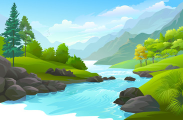 Wall Mural - Blue river flowing across green forest