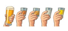 Male Hand Holding A Glasses With Beer, Tequila, Vodka, Rum, Whiskey And Ice Cubes.