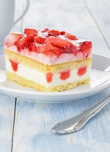 A Portion Of Fresh Cream Strawberry Sponge Cake On A Plate