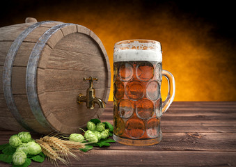 Wall Mural - glass of oktoberfest beer with keg, barley and hops. 3D render