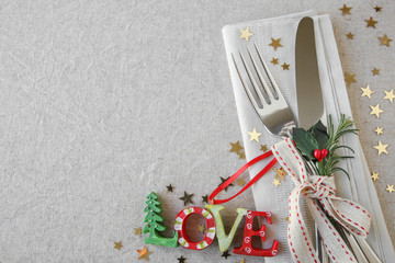 Wall Mural - Christmas table place setting, holidays copy space background