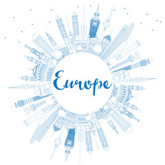 Outline Europe skyline silhouette with blue landmarks and copy space