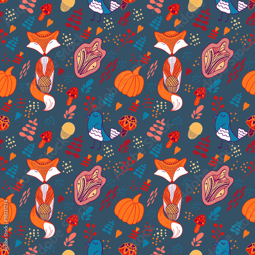 Stoffe zum Nähen Cartoon Herbst Muster mit Fox, Vogel und Blättern