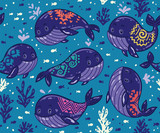 Fototapeta Dinusie - Seamless whale pattern with tribal ornament