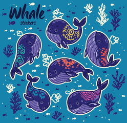 Sticker - Collection of stickers with cute cartoon whales