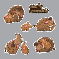 Wall Mural - Collection of stickers with woolly mmammoths