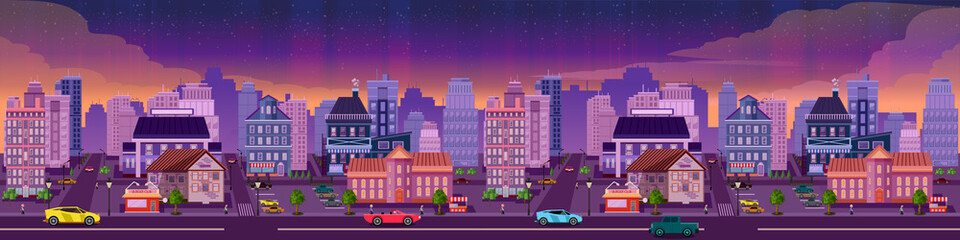 Vector night city illustration with neon glow and vivid colors.