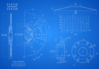 blueprint of clutch, project technical drawing on the blue background. stock vector illustration eps10