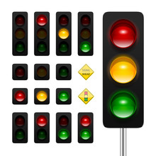Vector Traffic Lights Icon Set. High Quality Three Aspects, Dual Aspects And Single Aspects Traffic Signals Icons Isolated On White Background. Traffic Lights Ahead And Signal Ahead Road Signs.