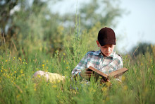 мальчик читает книгу в парке