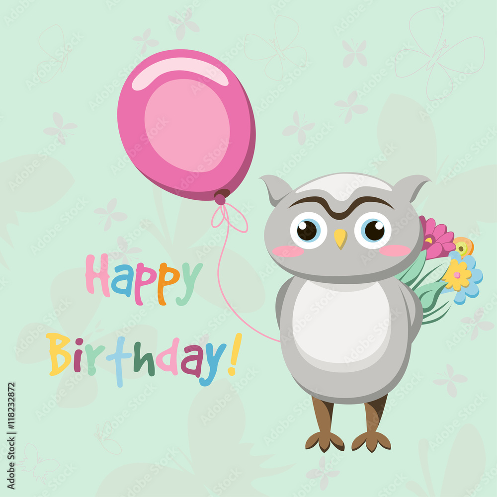 Happy Birthday Card design with cute owl, pink balloons and flowers ...