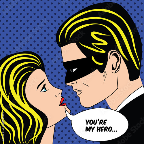 Naklejka na szybę Man in black superhero mask and woman love couple in vintage pop art comic style