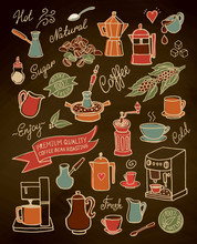 Hand Drawn Vector Coffee Set, With , Ingredients And Devices