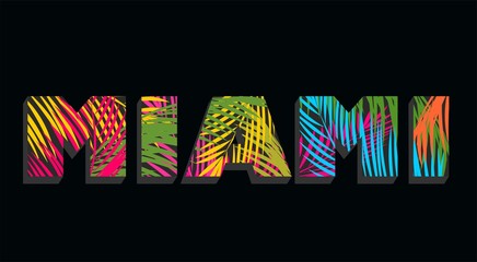 Miami lettering with colorful palm leaves