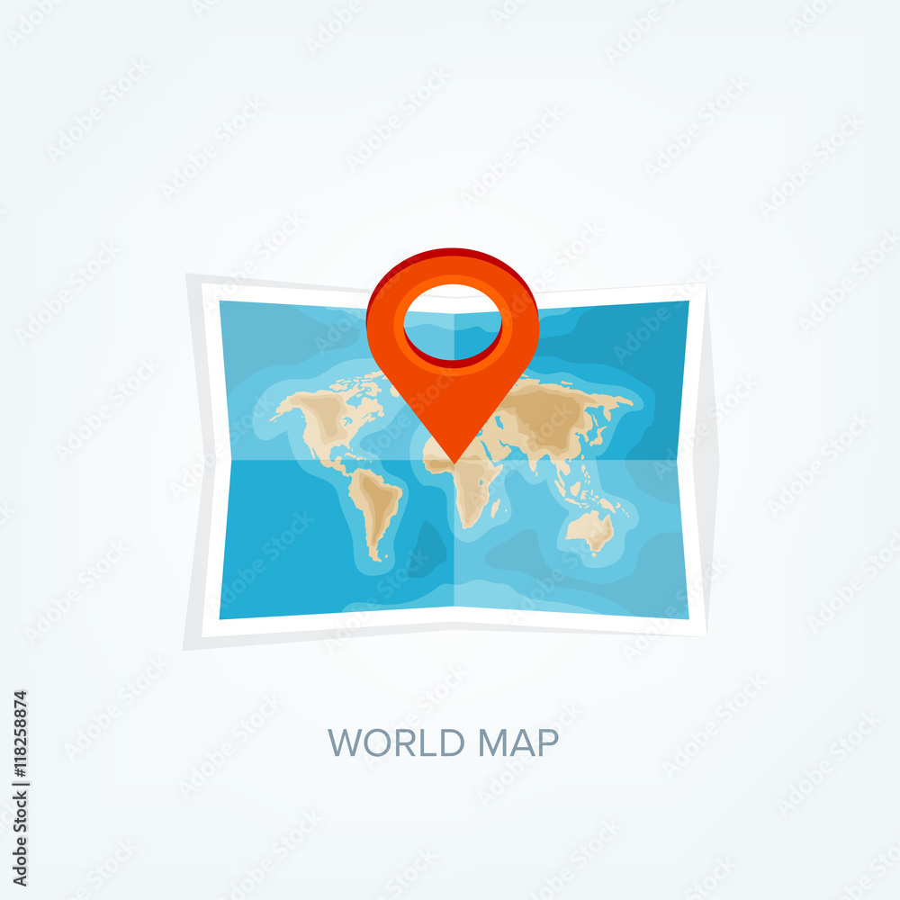 World map in a flat style. Earth, globe. Navigation. Route and ...