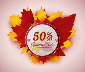 Sticker - Autumn Sale vector banner with colorful bright leaves