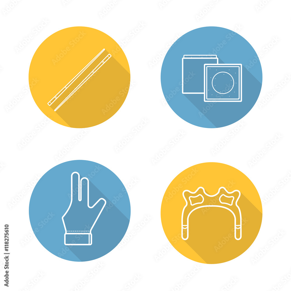 Billiard accessories flat linear long shadow icons set Stock Vector ...