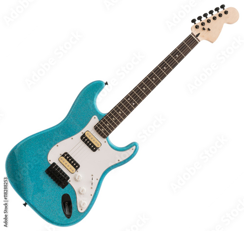 Blue Electric Guitar Isolated on White Background Poster
