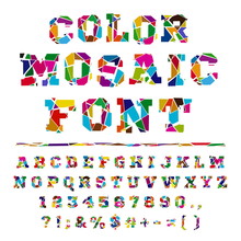 Broken Colored Font On A Light Background. Colored Font From The Broken Into Fragments Letters. Crash  Alphabet On A Light Background. Broken Letters. Decorative Alphabet. Stencil Type. Full Set.