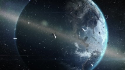 ring of debris around earth. artistic visualization of orbiting space garbage problem. two fragments