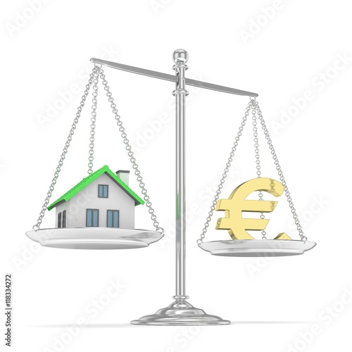 Fotografia, Obraz Isolated silver scales with golden euro and house on white background