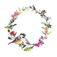 Border Wreath - Bird, Meadow Flowers, Butterflies. Black White Watercolor Circle